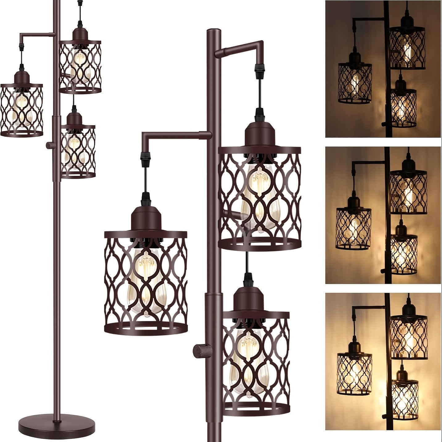 Lâmpada de Chão Estilo Fazenda de 68 Polegadas (Aprox. 172.7cm), Lâmpada de Chão Industrial Regulável para Sala de Estar, 3 Lâmpadas Verticais Simples Altas Incluindo 3 Lâmpadas E26 de 6W, Lâmpada de Chão em Forma de Árvore para Quarto, Escritório, Bar, M