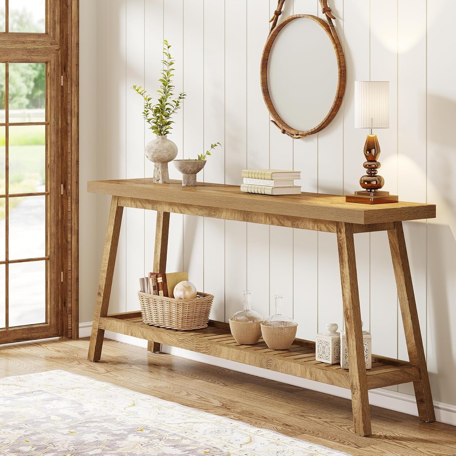 Mesa de Console Extra Longa 70.9" Estilo Fazenda - 2 Andares, Design Estreito para Entrada, Corredor, Sala de Estar - Acabamento em Madeira Dura, Economia de Espaço, Fácil Limpeza - Presente de Natal Perfeito, Marrom Escuro, Mesa de Console, Estilo Fazend