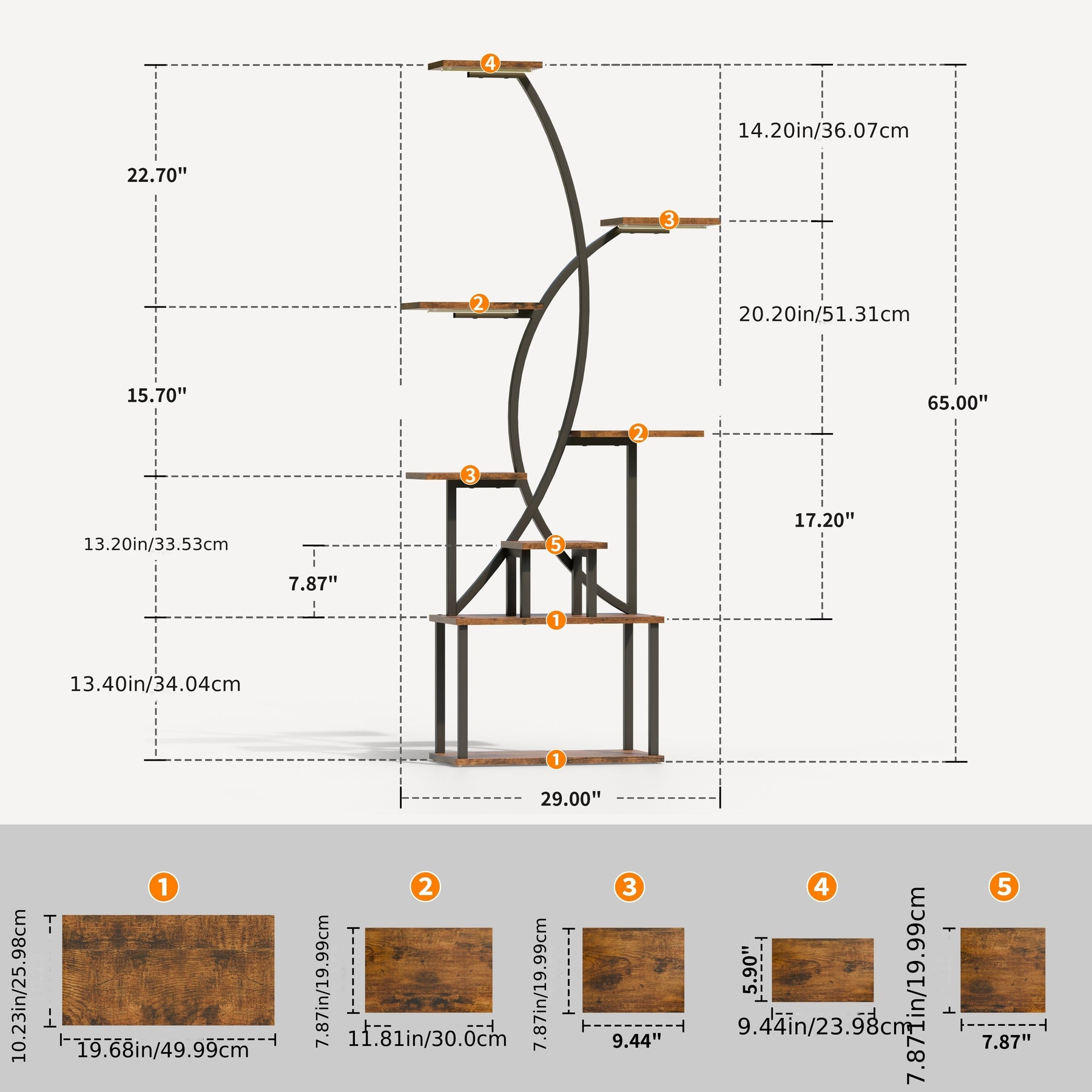 Suporte de planta interno com luz de crescimento, prateleira de planta alta de 8 camadas para plantas internas múltiplas, 65" prateleiras grandes de metal em forma curva para exibição de flores na sala de estar, pátio, varanda