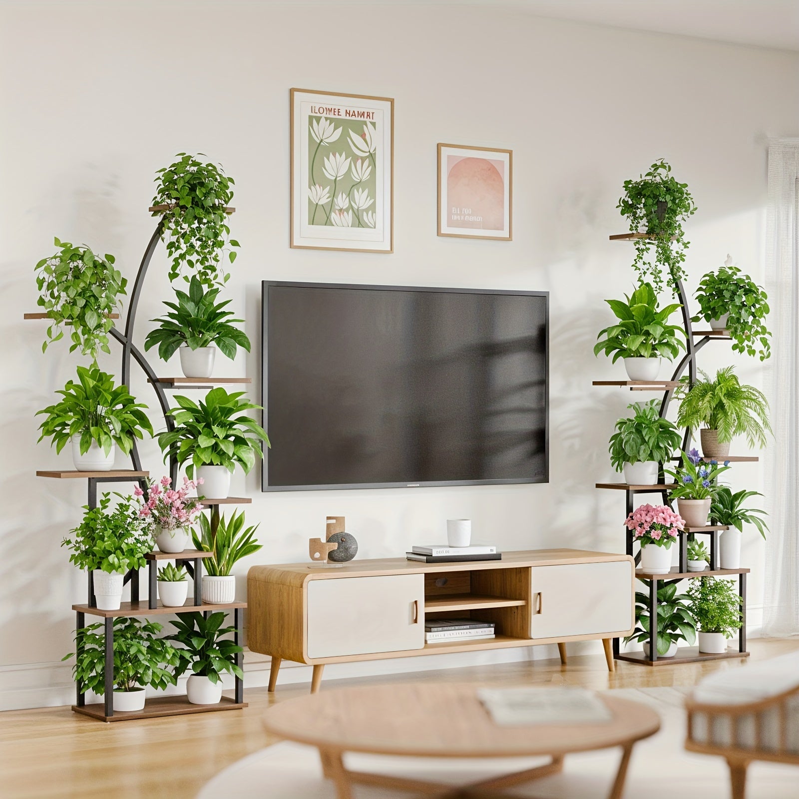 Suporte de planta interno com luz de crescimento, prateleira de planta alta de 8 camadas para plantas internas múltiplas, 65" prateleiras grandes de metal em forma curva para exibição de flores na sala de estar, pátio, varanda