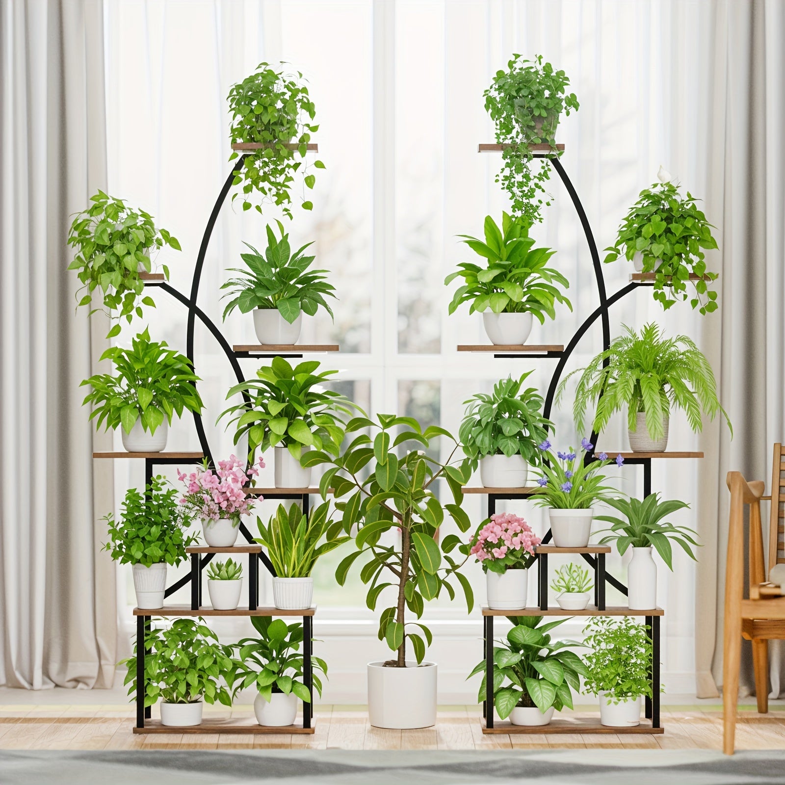 Suporte de planta interno com luz de crescimento, prateleira de planta alta de 8 camadas para plantas internas múltiplas, 65" prateleiras grandes de metal em forma curva para exibição de flores na sala de estar, pátio, varanda