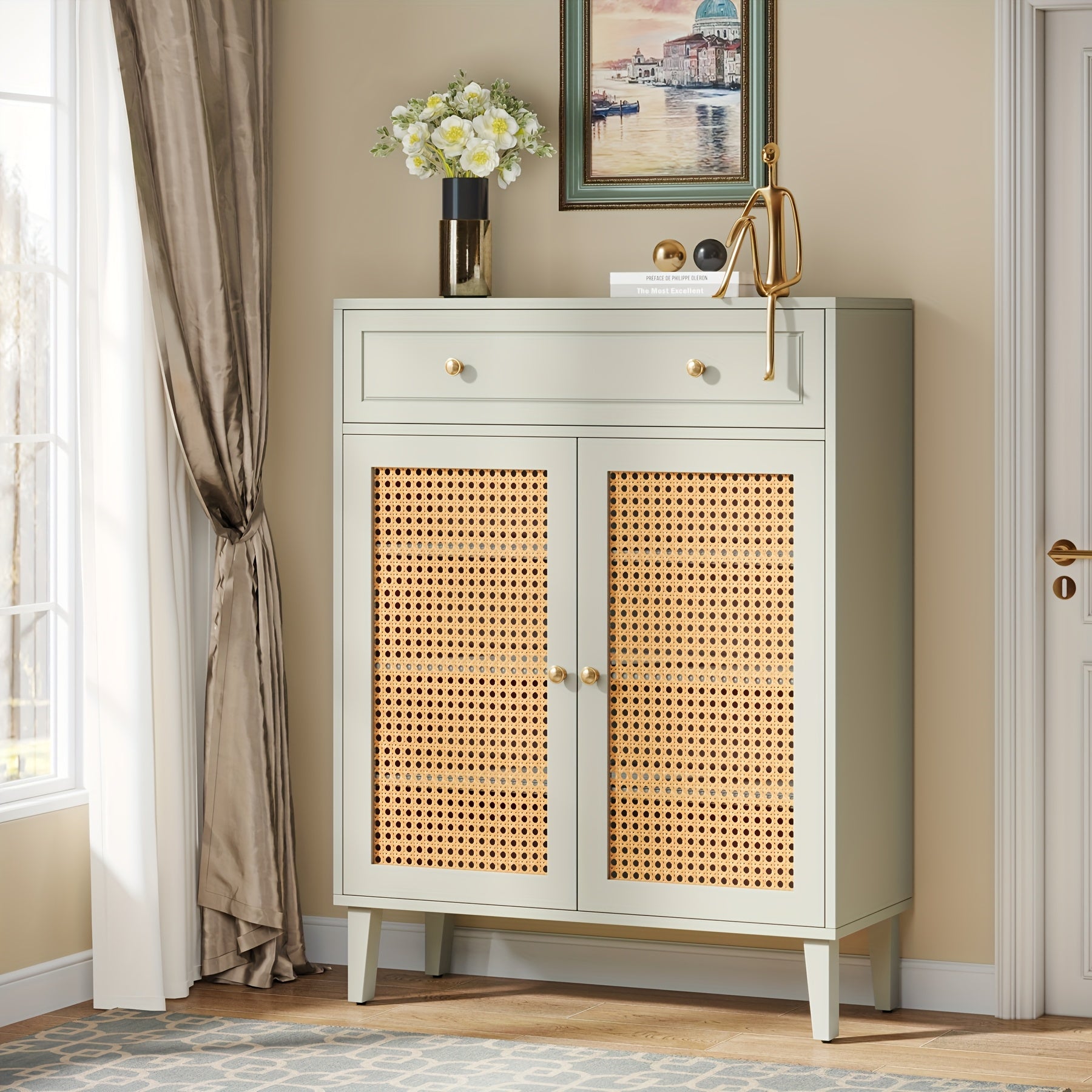 Armário de Piso Moderno com Portas Decoradas com Rattan e Prateleiras Ajustáveis, Organizador de Armazenamento de Madeira Autônomo com Gaveta, Estilo de Porta de Acento para Sala de Estar, Quarto - Construção de Madeira Dura Artificial, Verde-Menta
