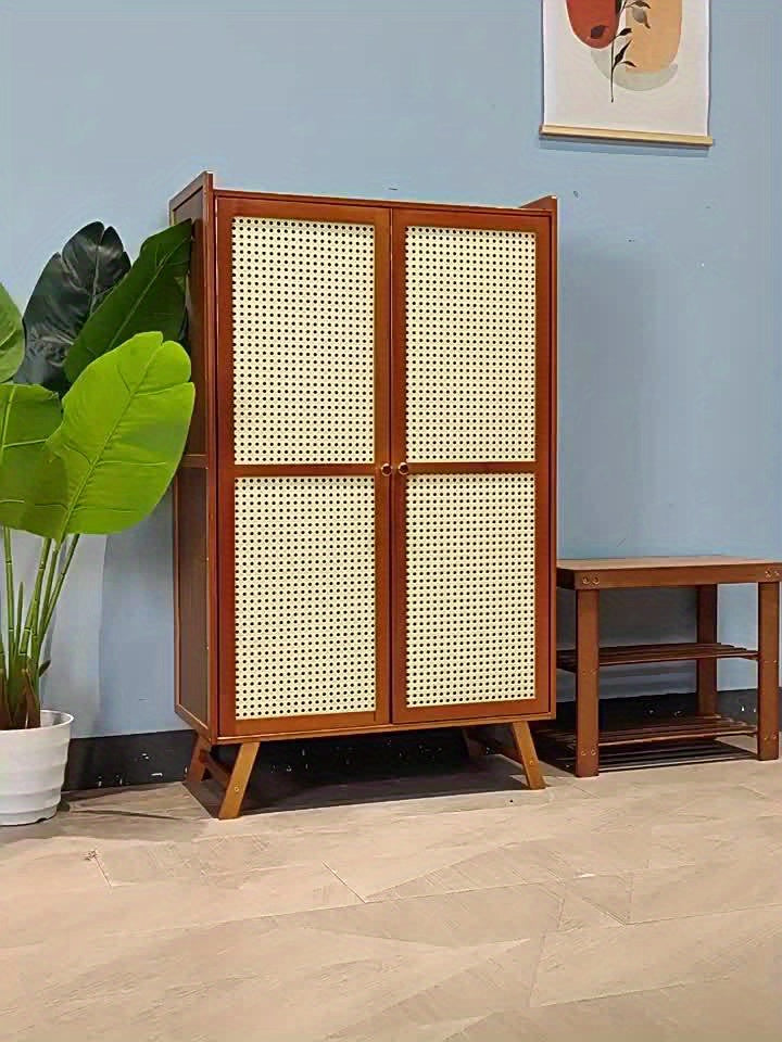 Armário de sapatos, Novo armário de sapatos de 7 camadas para entrada, Armário de sapatos de bambu com portas de vime entrelaçado, Organizador de sapatos autônomo para armário, corredor