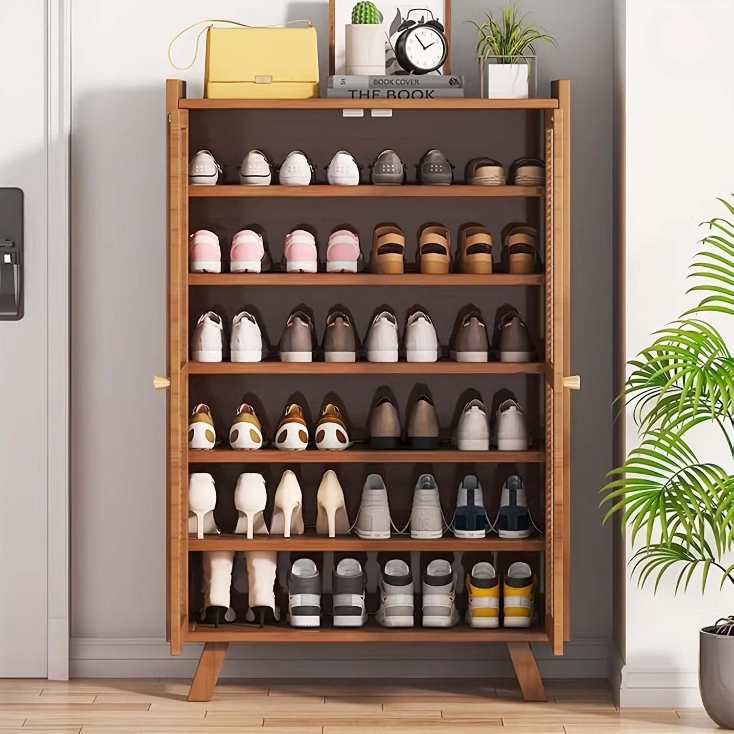 Armário de sapatos, Novo armário de sapatos de 7 camadas para entrada, Armário de sapatos de bambu com portas de vime entrelaçado, Organizador de sapatos autônomo para armário, corredor