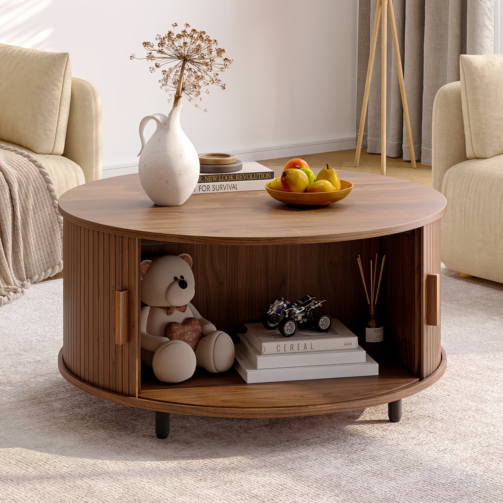 Mesa de café redonda de madeira 31.5 polegadas Mesa central com espaço de armazenamento, porta deslizante curva de 360° e sofá com apoio de pé ajustável Mesa lateral para sala de estar da família Carvalho