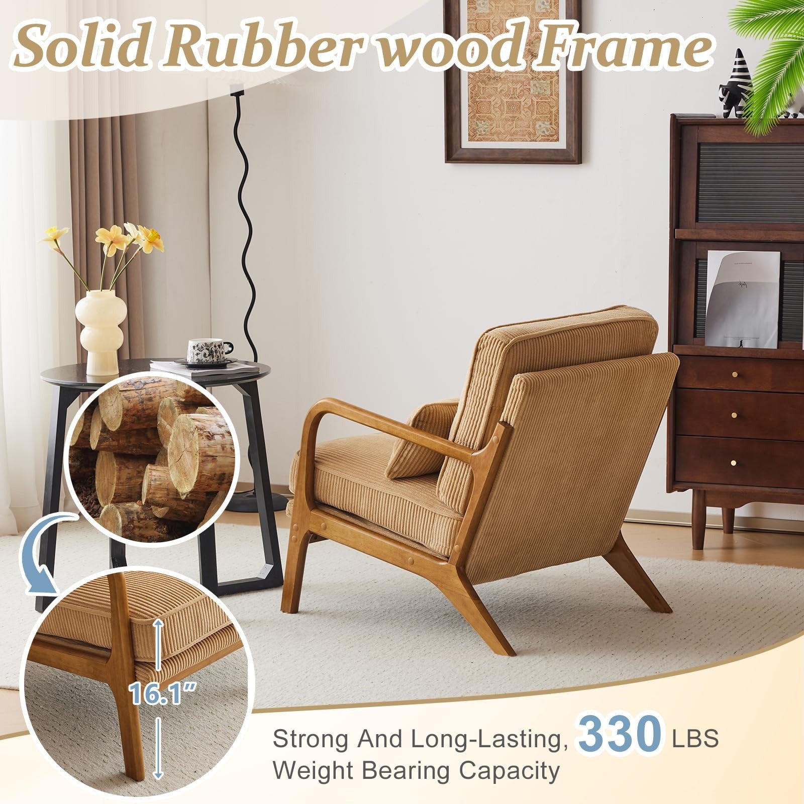 Cadeira de acento de veludo melhorada da VINGLI, cadeira de braço estofada, cadeira de leitura confortável de madeira maciça com almofada lombar, cadeiras modernas de meio século para sala de estar, quarto, quarto de hóspedes