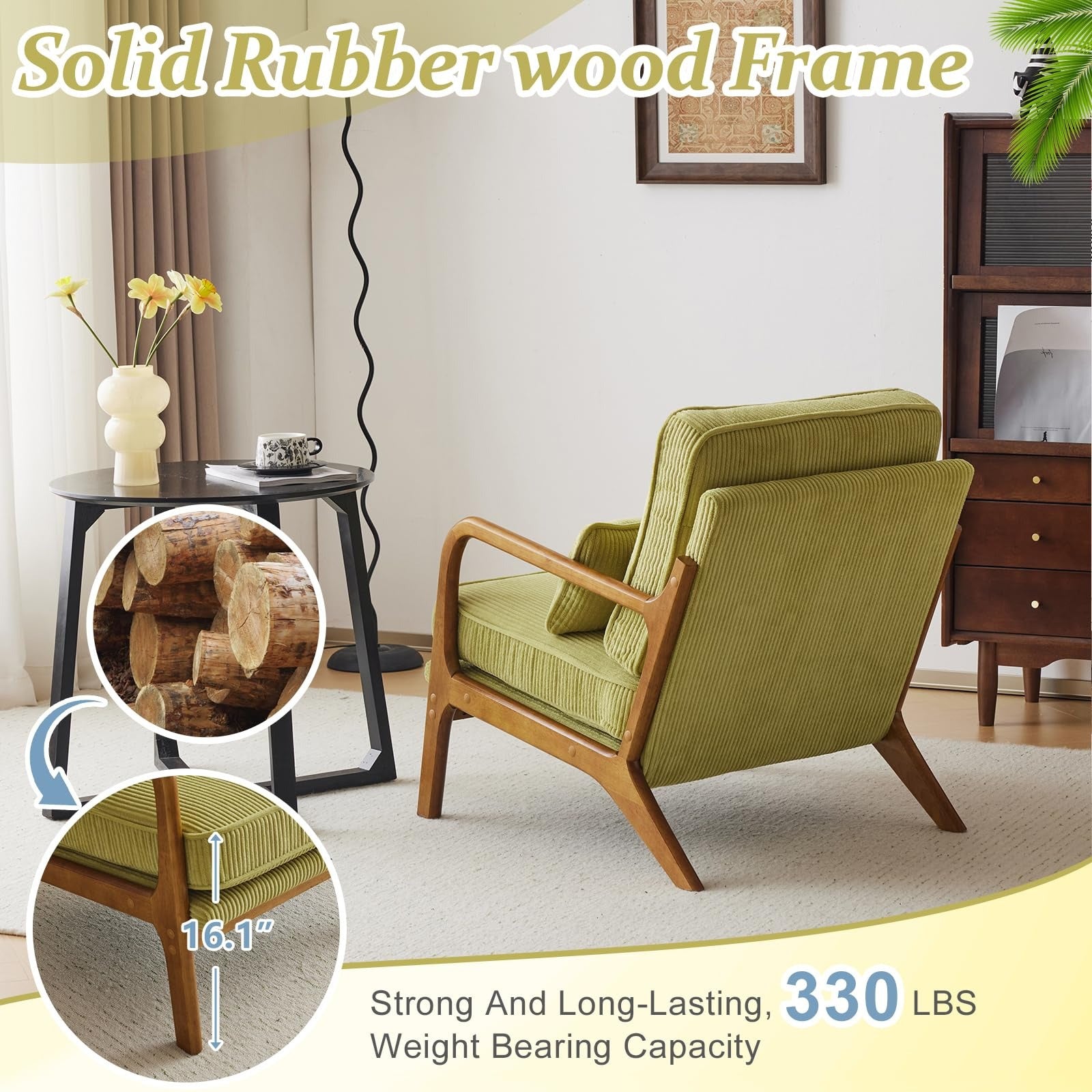 Cadeira de acento de veludo melhorada da VINGLI, cadeira de braço estofada, cadeira de leitura confortável de madeira maciça com almofada lombar, cadeiras modernas de meio século para sala de estar, quarto, quarto de hóspedes