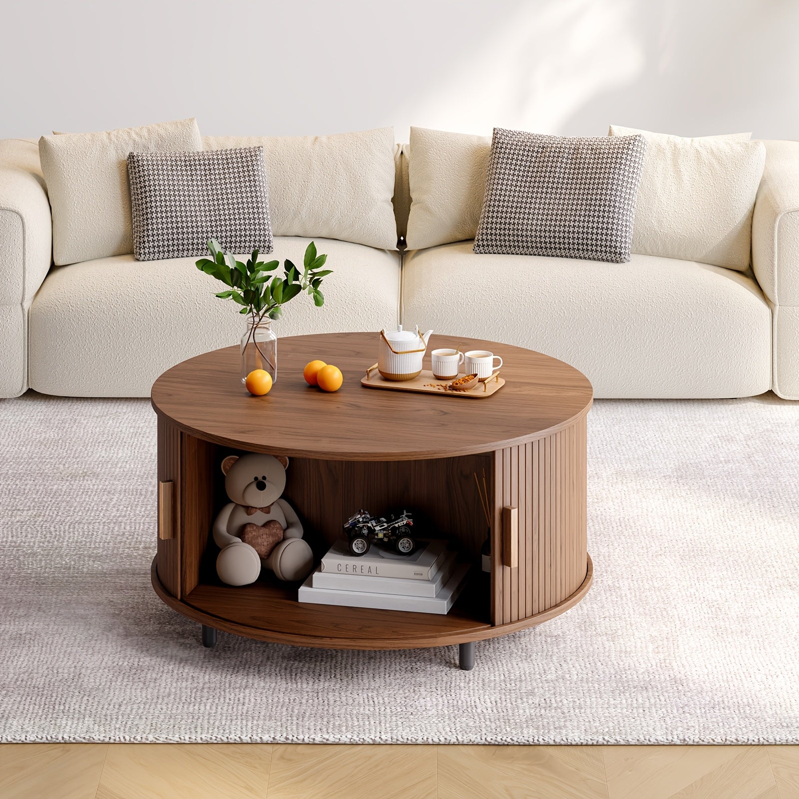 Mesa de café redonda de madeira 31.5 polegadas Mesa central com espaço de armazenamento, porta deslizante curva de 360° e sofá com apoio de pé ajustável Mesa lateral para sala de estar da família Carvalho