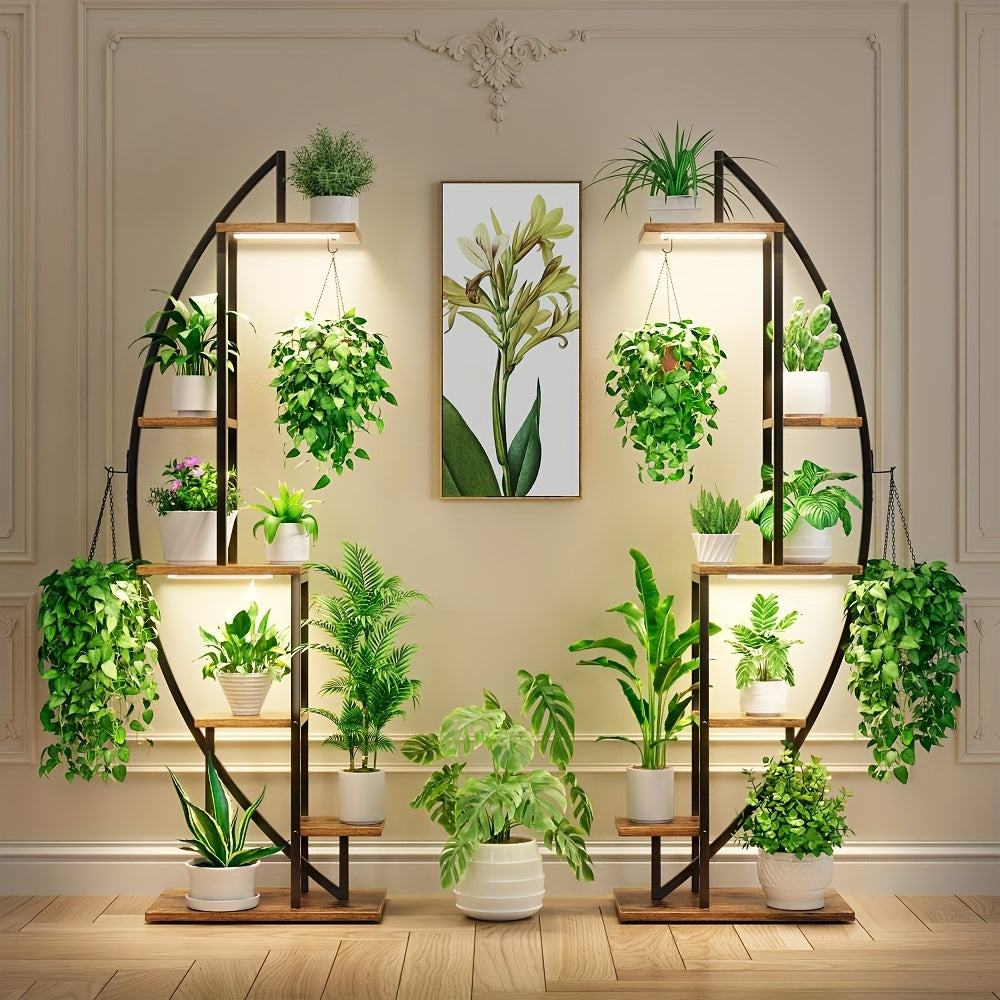 2pcs Suportes para Plantas Internas em Forma de Meia-Lua de 63" com Luzes de Crescimento de Espectro Completo - Prateleiras de Metal Multiníveis para Plantas, Decoração & Mais - Marrom & Preto