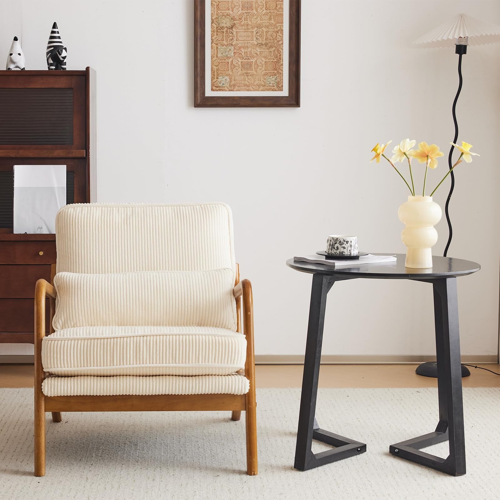 Cadeira de acento de veludo melhorada da VINGLI, cadeira de braço estofada, cadeira de leitura confortável de madeira maciça com almofada lombar, cadeiras modernas de meio século para sala de estar, quarto, quarto de hóspedes
