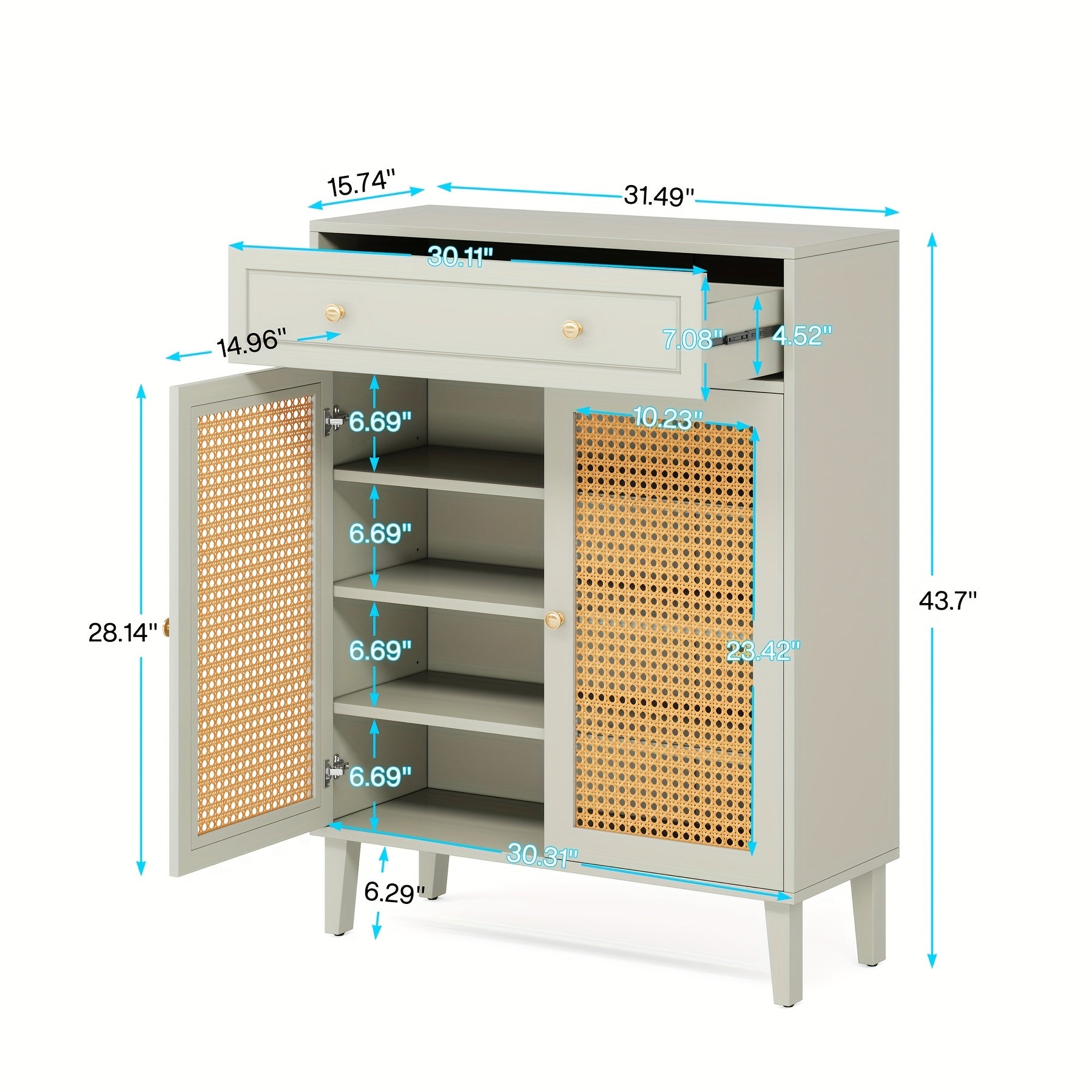 Armário de Piso Moderno com Portas Decoradas com Rattan e Prateleiras Ajustáveis, Organizador de Armazenamento de Madeira Autônomo com Gaveta, Estilo de Porta de Acento para Sala de Estar, Quarto - Construção de Madeira Dura Artificial, Verde-Menta