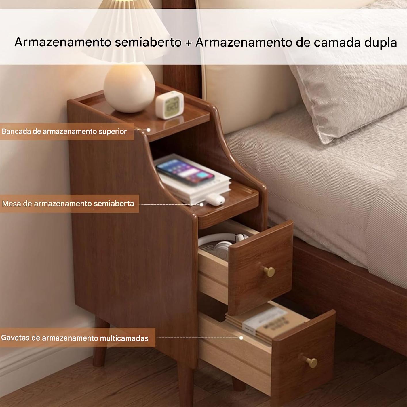 Mesa de Cabeceira Estreita de Madeira Maciça com 2 Gavetas