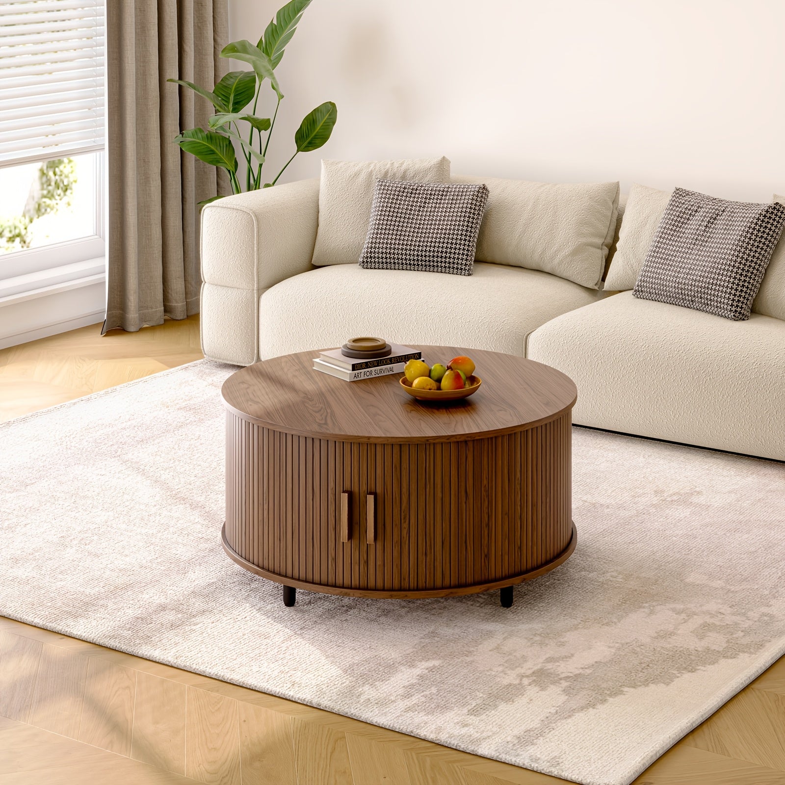 Mesa de café redonda de madeira 31.5 polegadas Mesa central com espaço de armazenamento, porta deslizante curva de 360° e sofá com apoio de pé ajustável Mesa lateral para sala de estar da família Carvalho