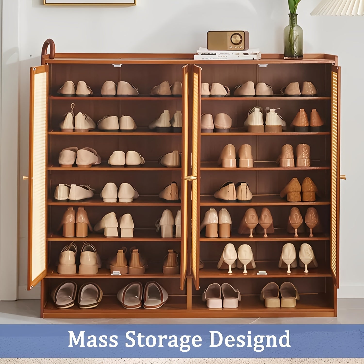 Armário de armazenamento de sapatos de bambu de 8 camadas com portas, sapateira para 38-42 pares para armário, armário de armazenamento de vime com portas para corredor ou sala de estar, marrom/cinza