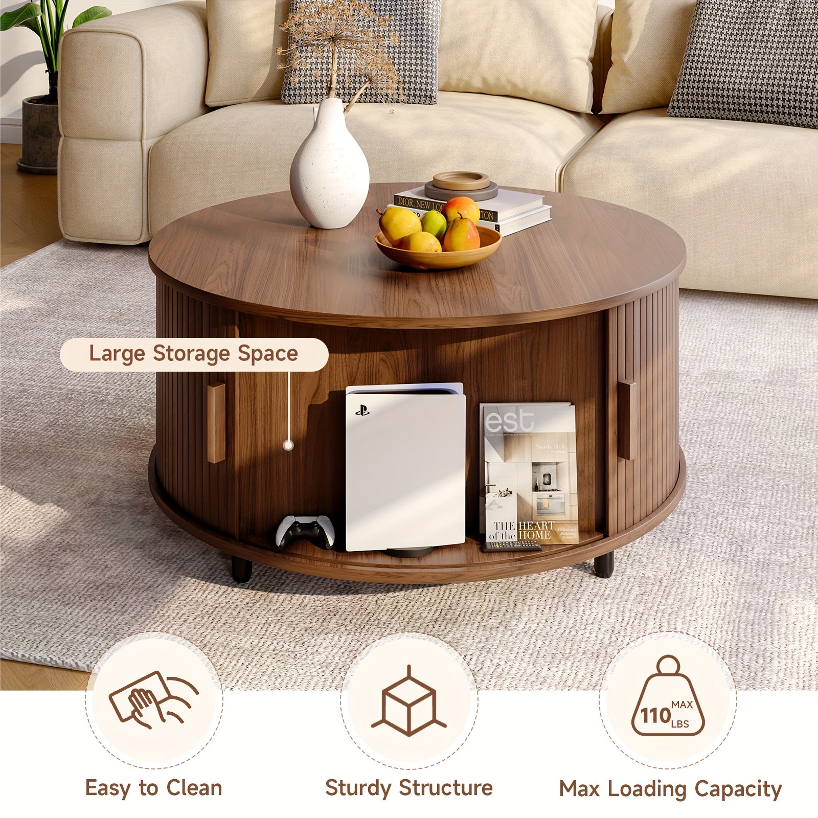 Mesa de café redonda de madeira 31.5 polegadas Mesa central com espaço de armazenamento, porta deslizante curva de 360° e sofá com apoio de pé ajustável Mesa lateral para sala de estar da família Carvalho