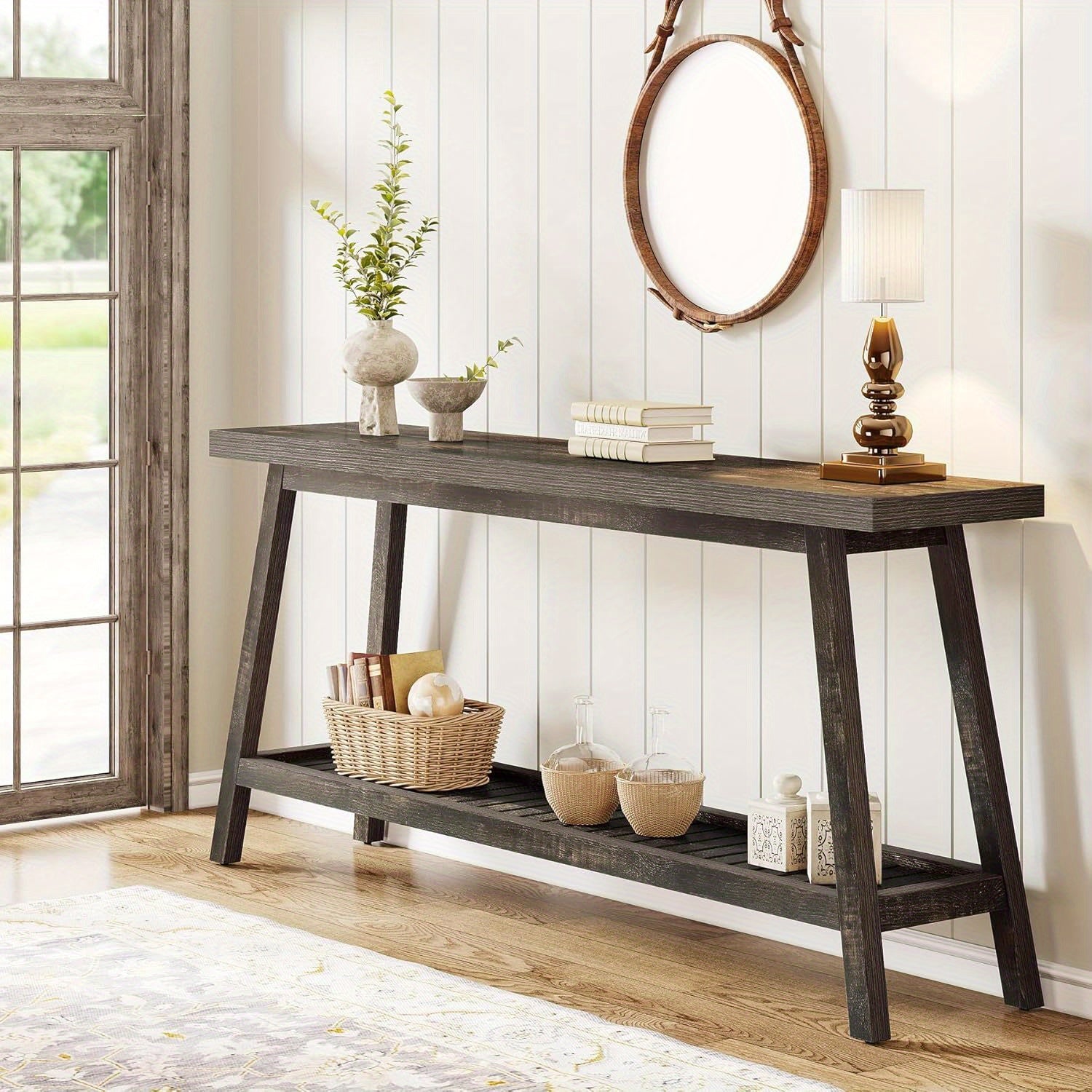 Mesa de Console Extra Longa 70.9" Estilo Fazenda - 2 Andares, Design Estreito para Entrada, Corredor, Sala de Estar - Acabamento em Madeira Dura, Economia de Espaço, Fácil Limpeza - Presente de Natal Perfeito, Marrom Escuro, Mesa de Console, Estilo Fazend