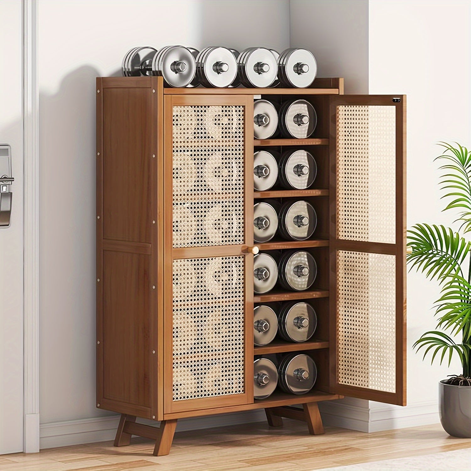 Armário de sapatos, Novo armário de sapatos de 7 camadas para entrada, Armário de sapatos de bambu com portas de vime entrelaçado, Organizador de sapatos autônomo para armário, corredor