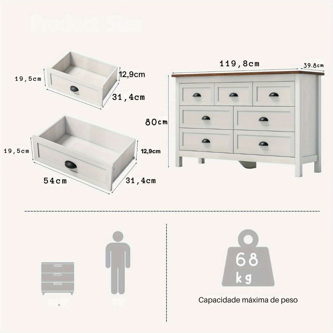 Cômoda de Fazenda para Quarto, cômoda de 7 Gavetas + 1 Ano de Garantia